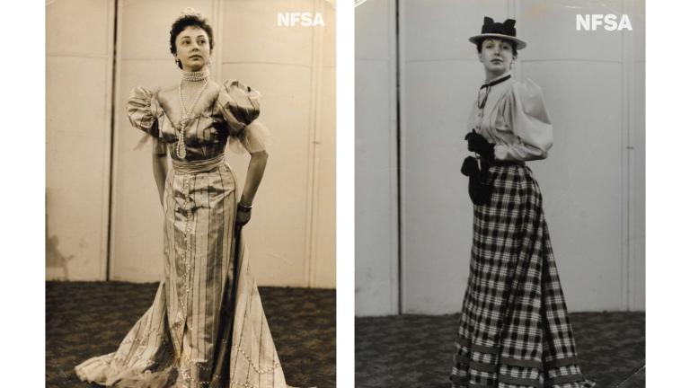 Two black and white photographs of women wearing old fashioned costumes. 