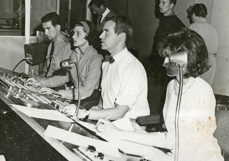 Director Godfrey Philipp (pictured wearing bow tie) in the ATV-0 control room is pictured directing an episode of Go!! with other members of the production team.