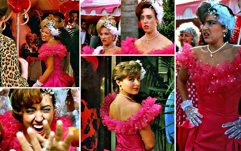 A compilation of images showing Tania's bridesmaids in their pink dresses in the film Muriel's Wedding
