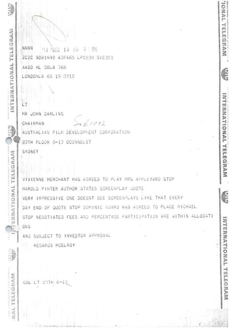 1974 telegram with Harold Pinter’s reaction to the script