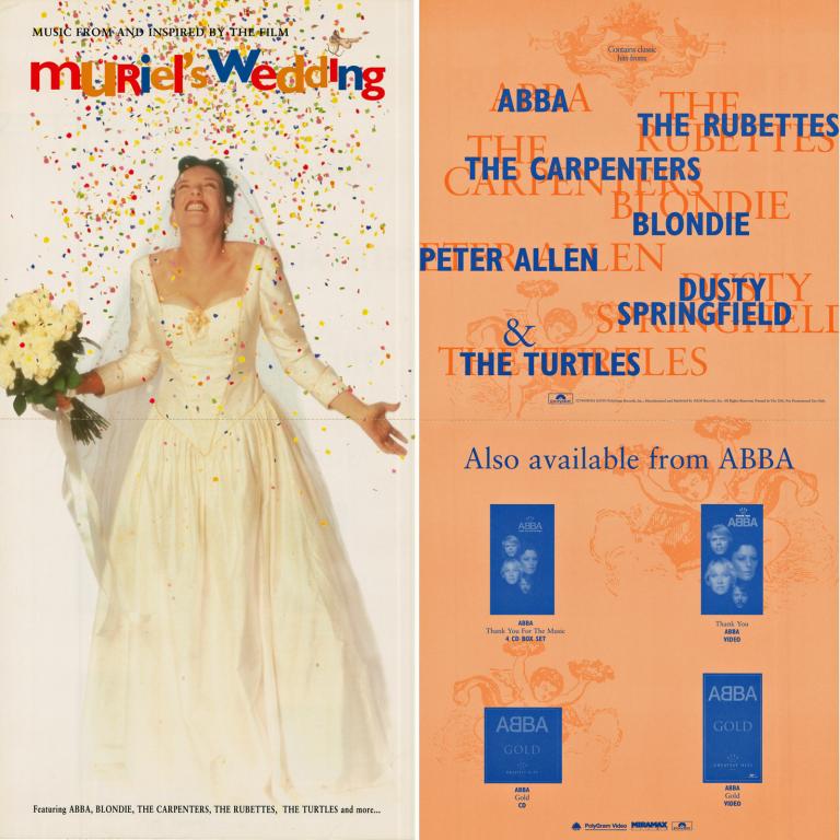 Two-sided Muriel's Wedding poster for US release, front shows Muriel in her wedding dress and the back highlights the movie soundtrack.