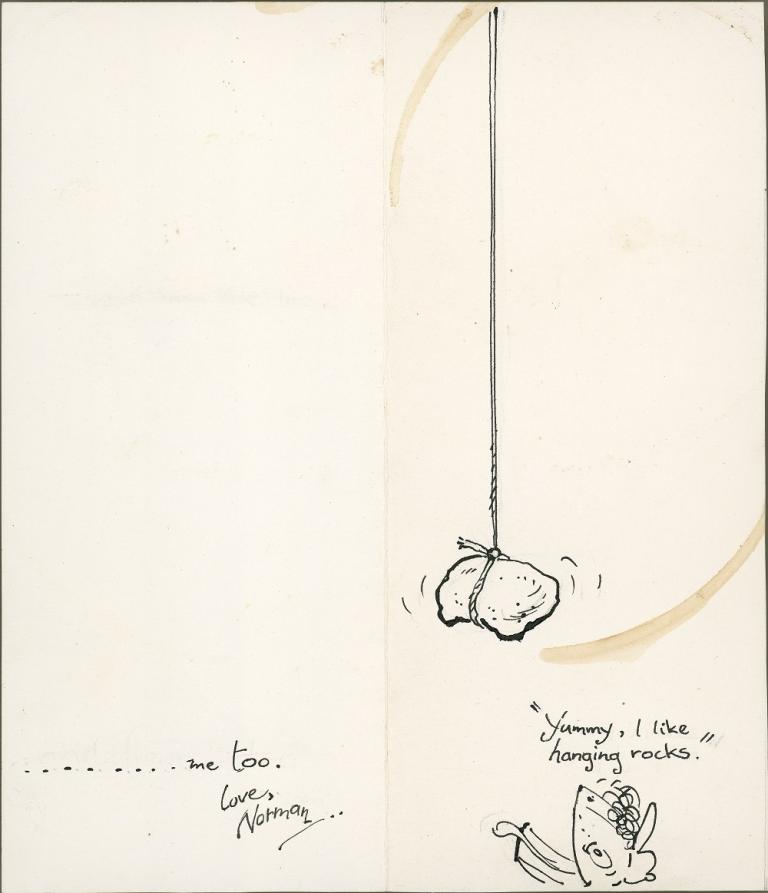 Black and white drawing of a rock hanging by a rope above the open mouth of a cartoon character