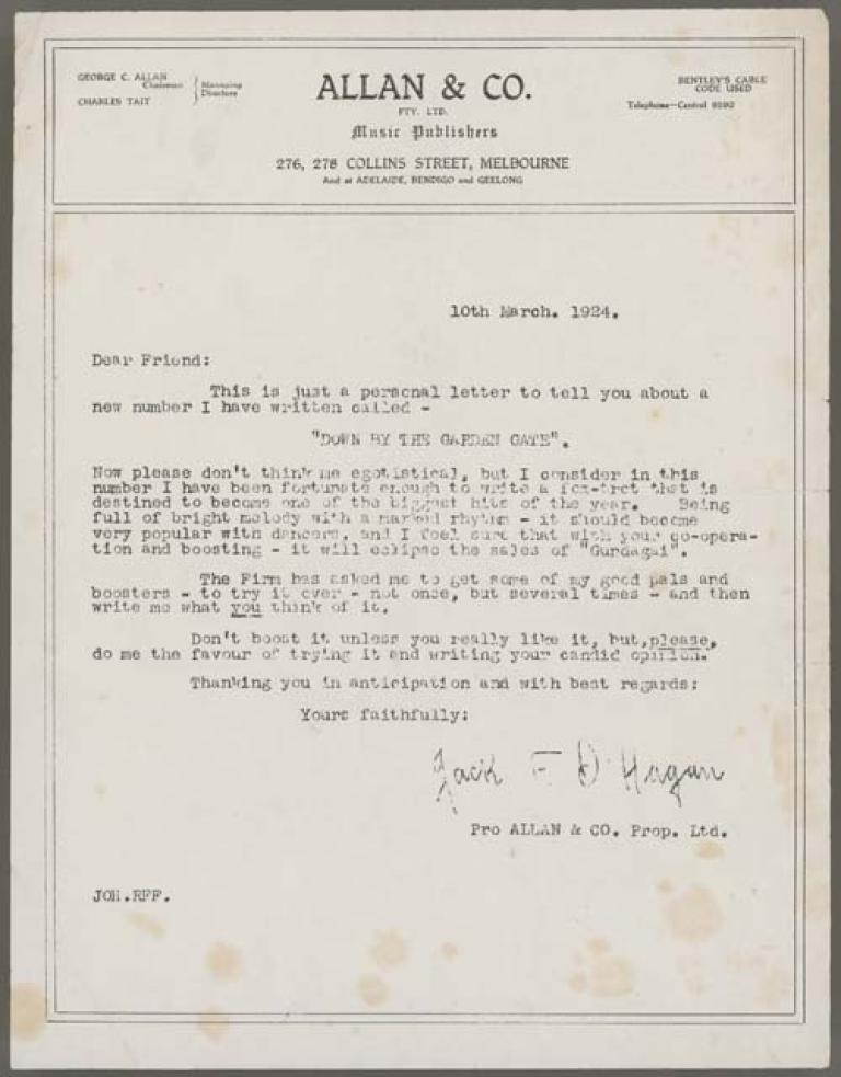 A typed letter. The letterhead reads Allan and Co. It is signed by Jack O'Hagan.