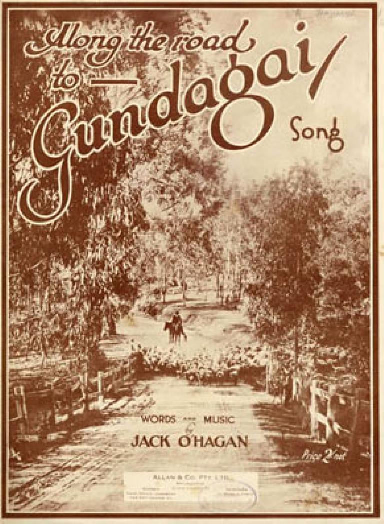 The cover of a piece of sheet music. It reads 'Along the Road to Gundagai song'. Words and music by Jack O'Hagan.