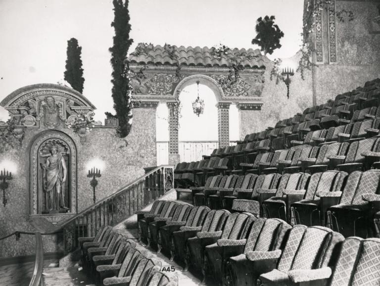 Elaborate interior of the Ambassador Theatre in Perth showing seats in the upper circle and statuary influenced by Ancient Greece