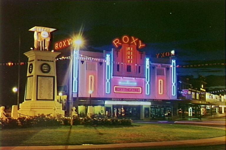 A view of the Roxy Leeton Theatre at night