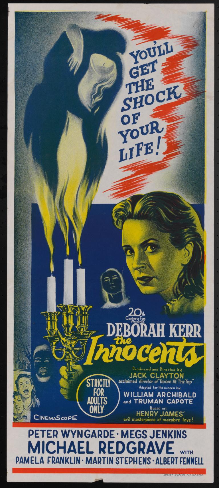 Movie poster for a film titled The Innocents showing a woman holding a candelabra.