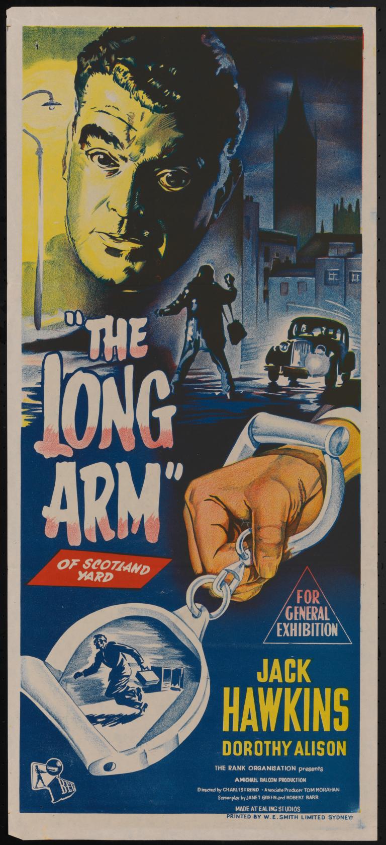 Movie poster for a film titled The Long Arm showing a close up of a hand in handcuffs and a man looking serious.