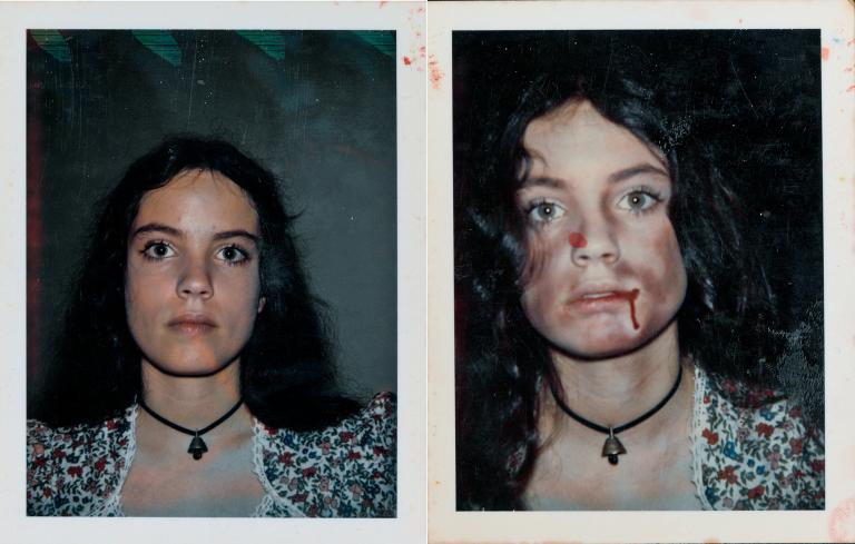 Two side-by-side head and shoulders shots of Sigrid Thornton. On the left she is wearing no make up and on the right her face has been made up to look like she's been beaten, with bruising and blood on her face.