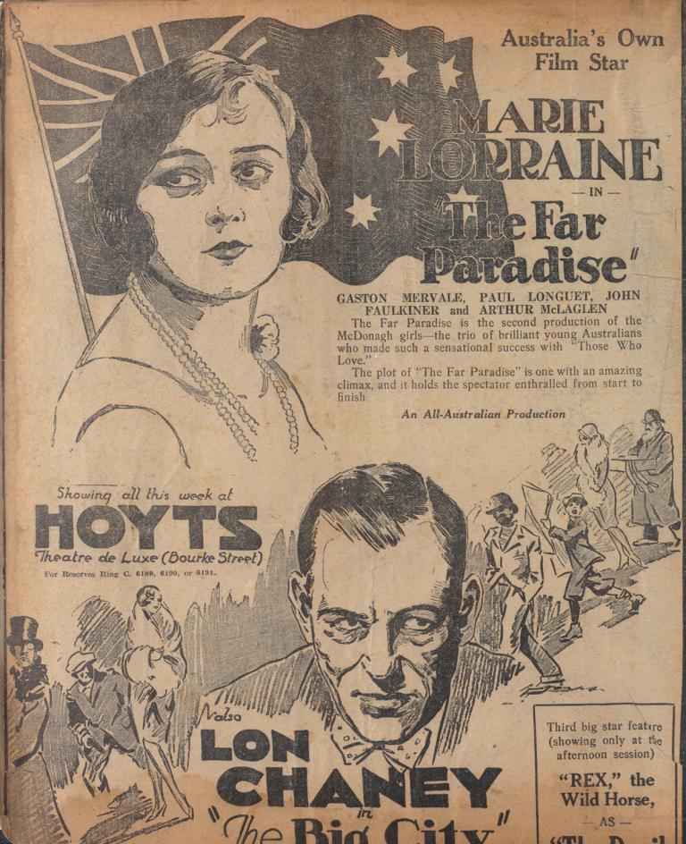 An old newspaper ad for a cinema showing a drawing of a woman's face in front of an Australian flag at the top and a sinister-looking man at the bottom of the page.