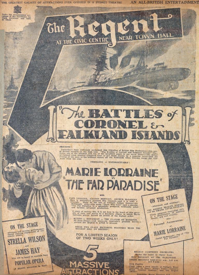 Page from an old scrapbook showing newspaper advertisements for a movie theatre from the 1920s and a drawing of a man and woman in a passionate embrace.