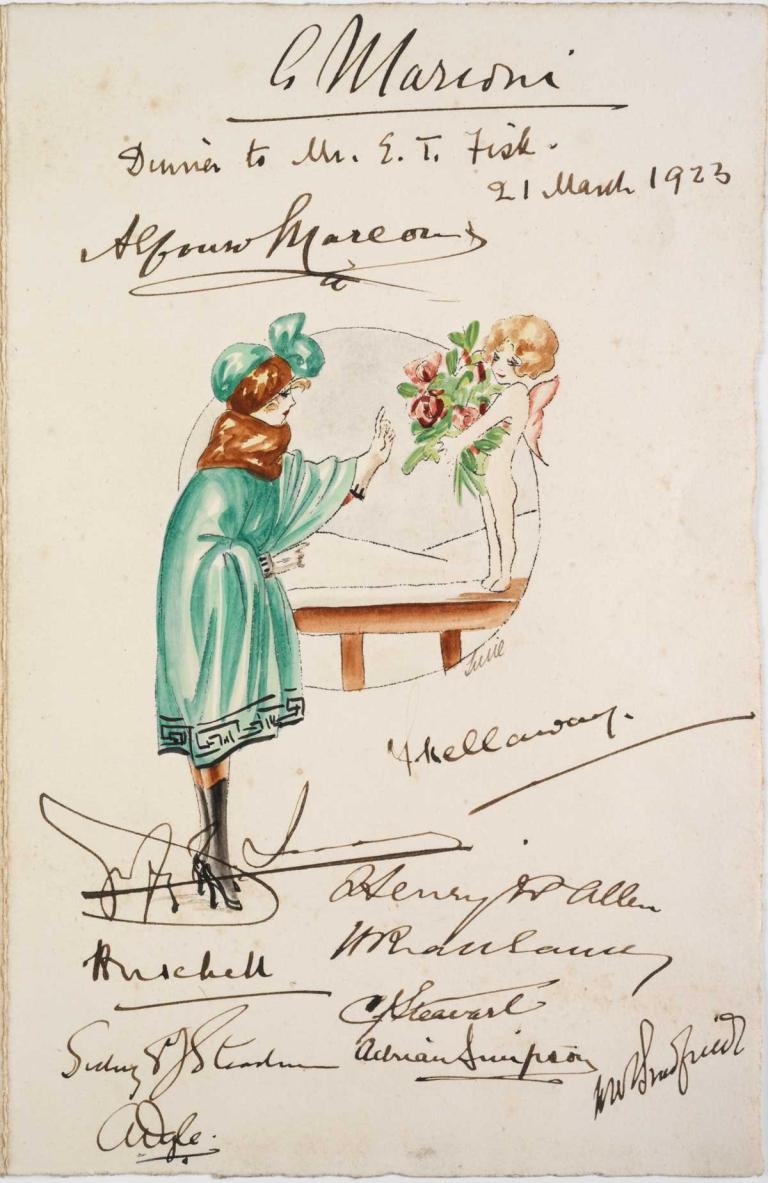 The front cover of a restaurant menu with a drawing of a lady in formal attire and some flowers. The menu has been signed by a lot of people and dated 21 March 1926.