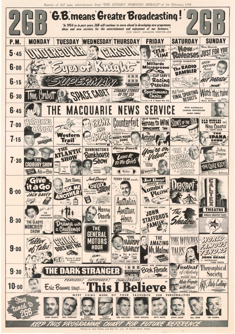A full page advertisement from a 1954 newspaper for radio station 2GB