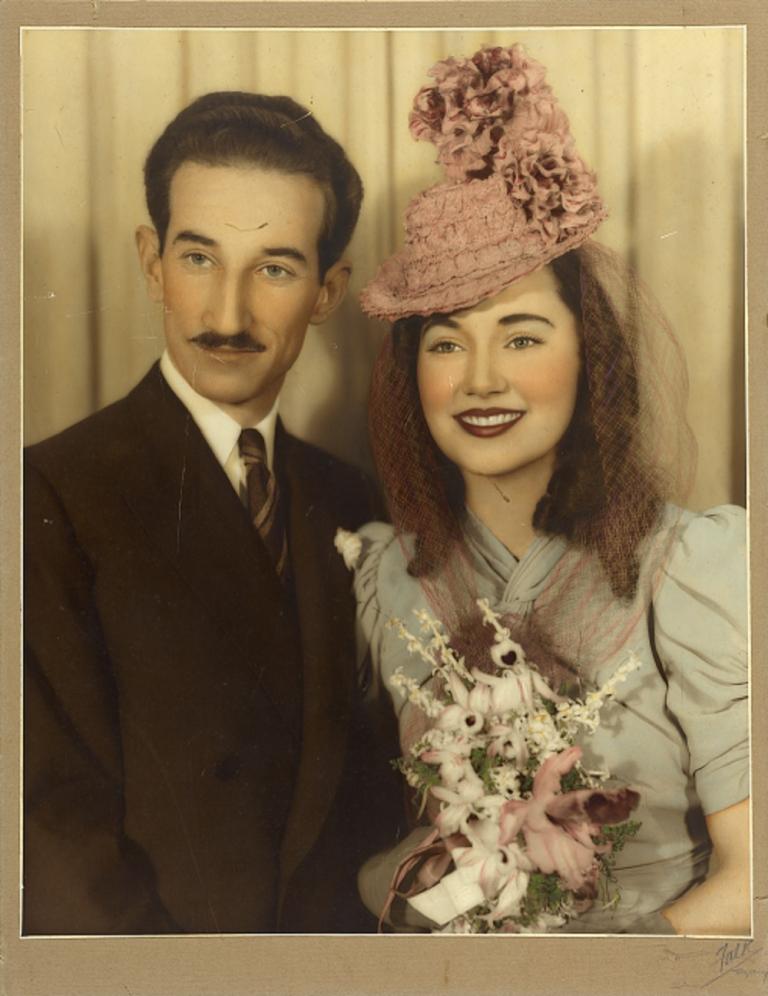 Hand tinted wedding photo of Betty Bryant with Maurice Silverstein