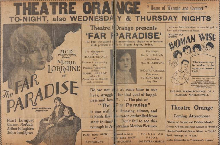 Page from an old scrapbook showing newspaper advertisements for a movie theatre from the 1920s.
