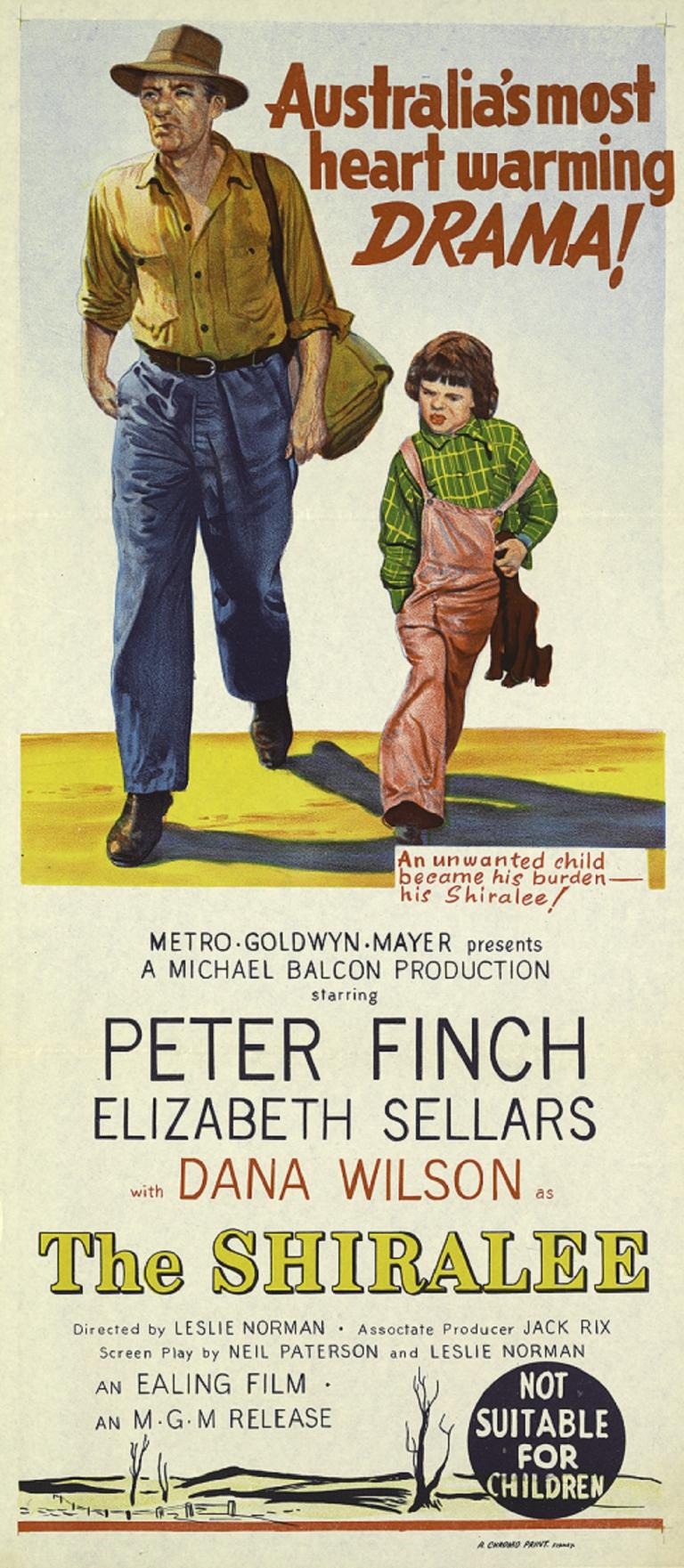 Daybill for The Shiralee. Illustration of Peter Finch and a child. Text reads: Australia's most heart warming drama! Underneath illustration are production and film credits