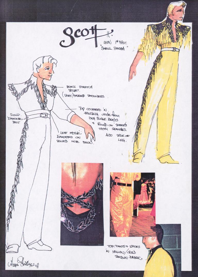Hand drawn sketch of a men's ballroom dancing costume in a scrapbook alongside inspirational photographs of other ballroom dancing outfits.