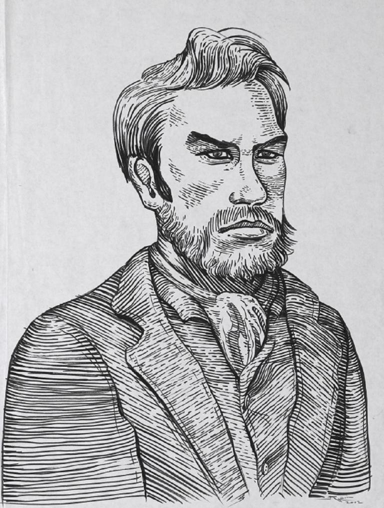Head and shoulders ink drawing of Heath Ledger as Ned Kelly.