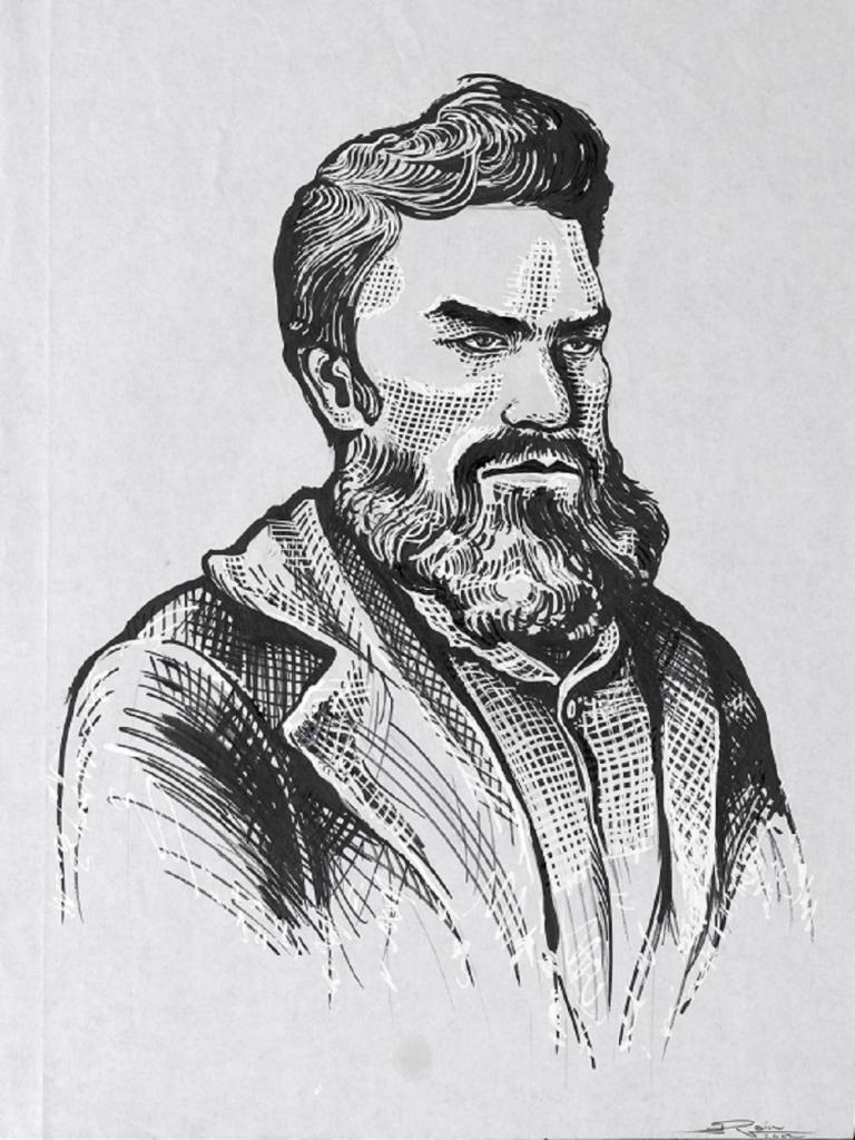 Computer image based on an ink drawing of Heath Ledger as Ned Kelly.