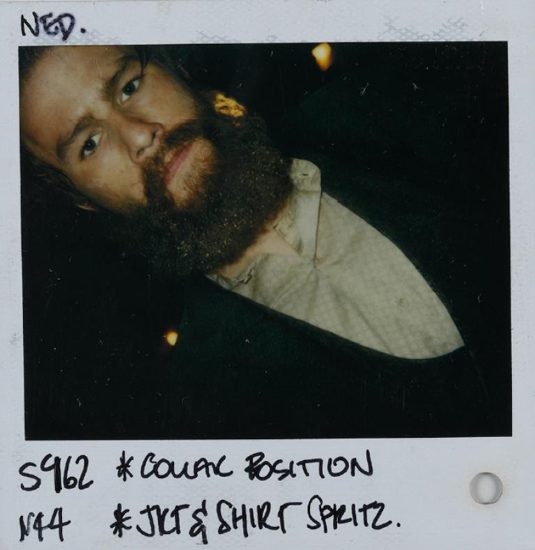 Polaroid photo of a bearded Heath Ledger in Ned Kelly costume.