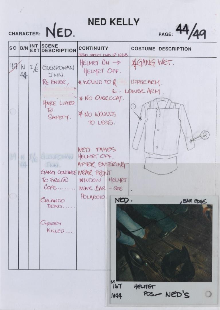 Continuity script with descriptions and Polaroid photo attached.