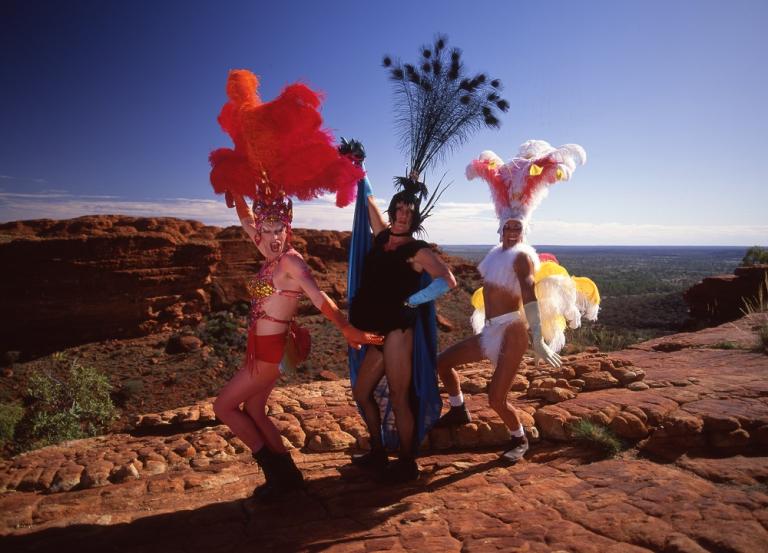 Hugo Weaving, Terence Stamp and Guy Pearce in costume on the edge of Kings Canyon.