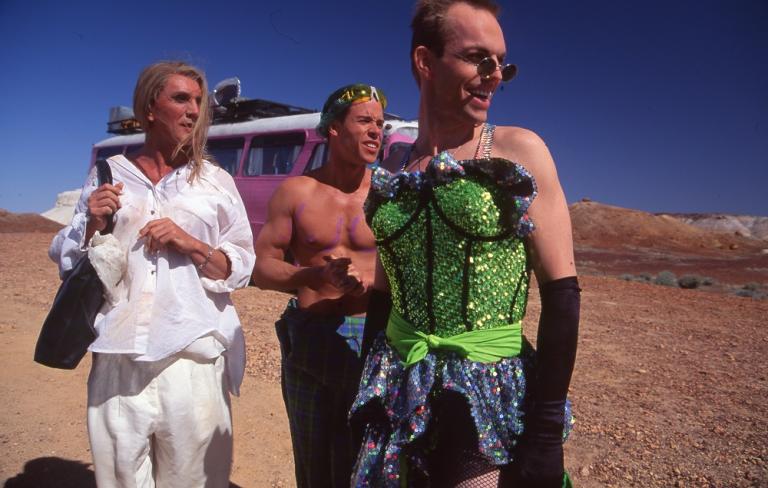 Terence Stamp, Guy Pearce and Hugo Weaving on the set of Priscilla.