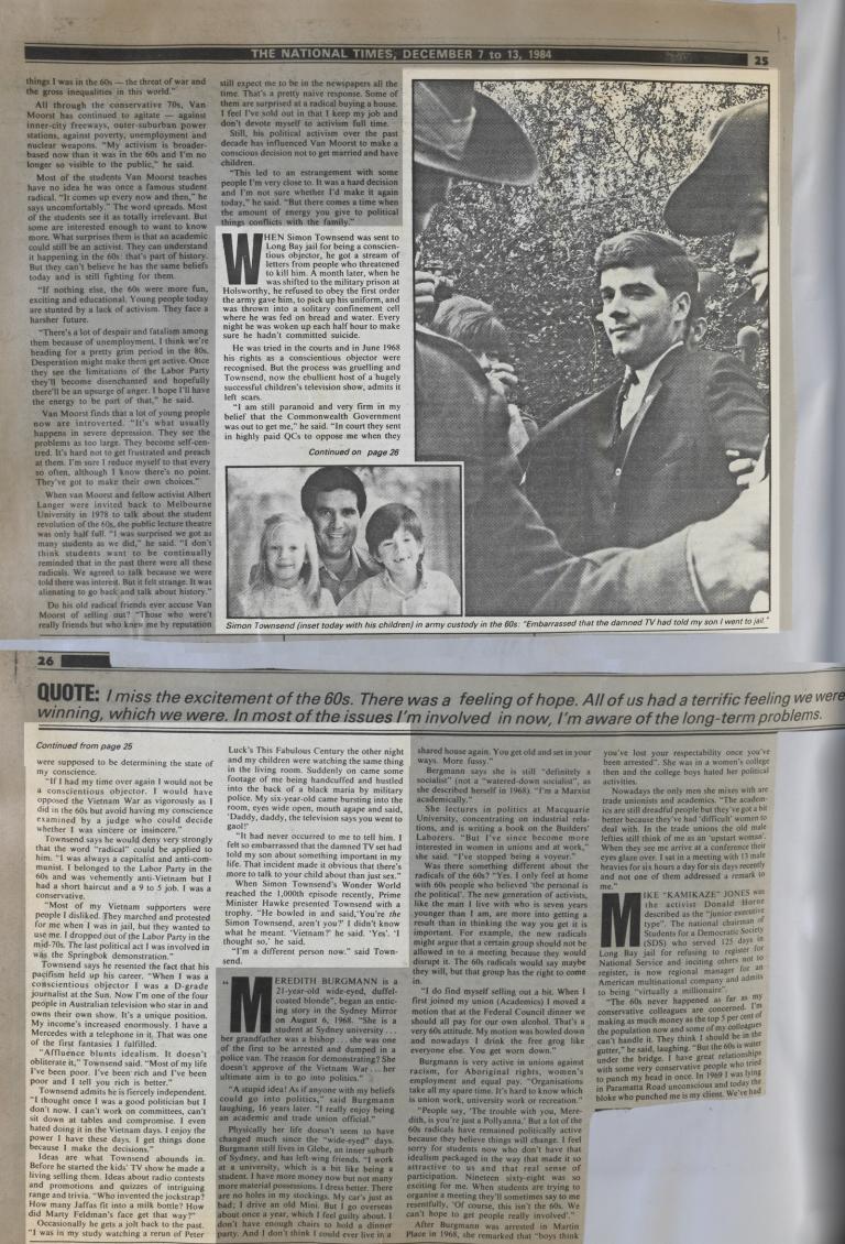 Newspaper article about Simon Townsend's activism against the Vietnam war in the late 1960s.