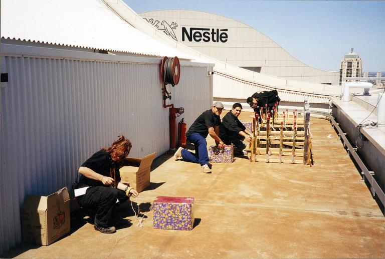 Karen Hewitt and crew preparing pyrotechnics for New Year's Eve, Sydney 2000