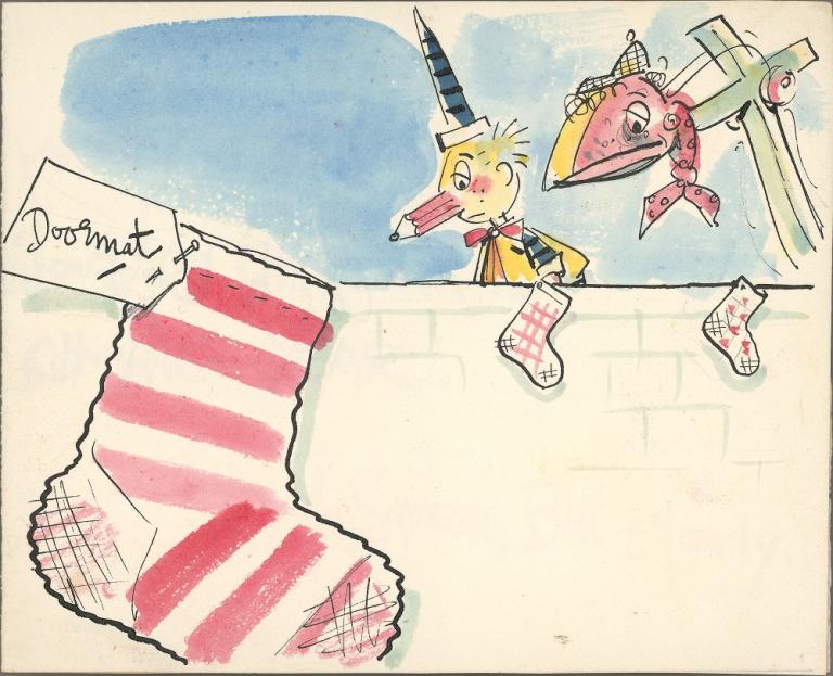 Handmade Christmas card shows a large sock with a label reading 'Doormat' and two 