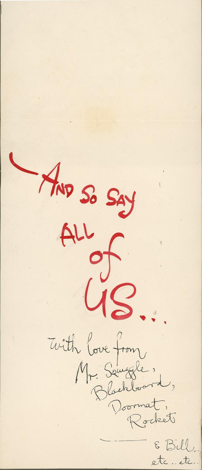 'And so say all of us' written in red then a list of the characters on the Mr Squiggle show