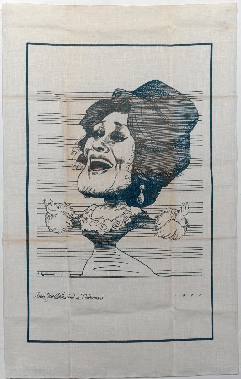 A tea towel featuring a caricature of Dame Joan Sutherland.