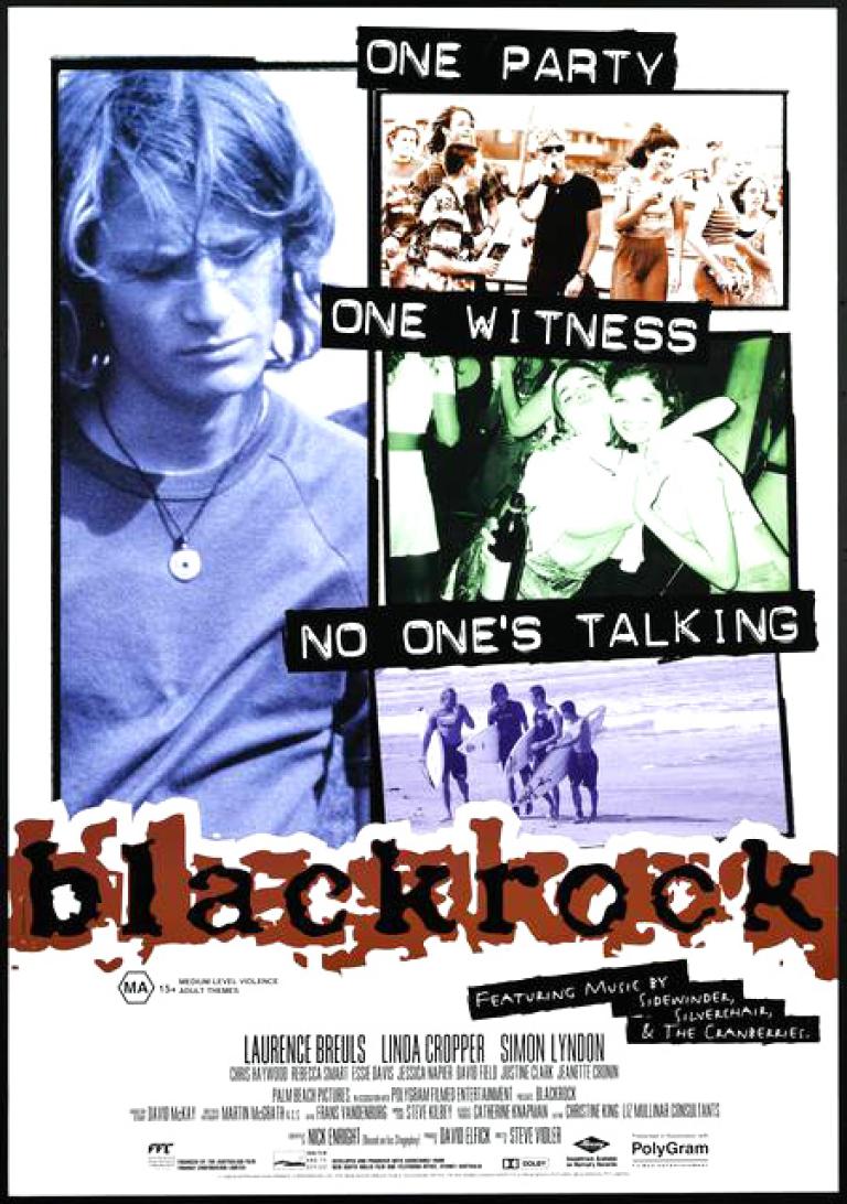Poster from the film Blackrock featuring Jared (Laurence Breuls), photosgraphs of teens and surfers, and the line 'one party, one witness, no one's talking'.