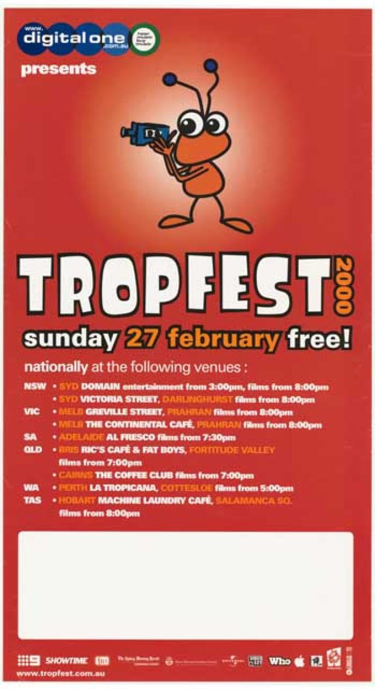 Poster for the Tropfest short film festival in February 2000 showing a cartoon ant holding a movie camera on an orange background.