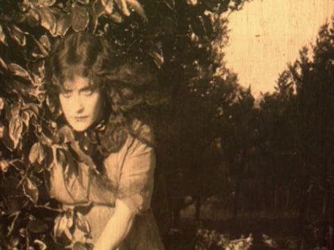 Actor Annette Kellerman is looking stern as she stands amidst some foliage.