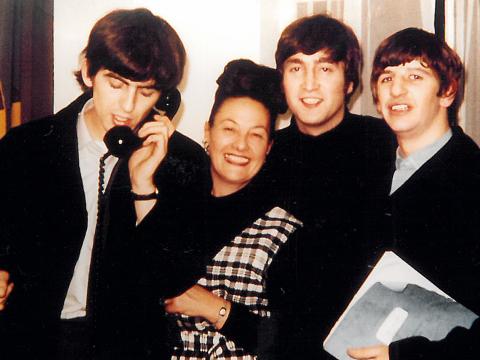 George Harrison, Binny Lum, John Lennon and Ringo Starr pictured in London, 1964.