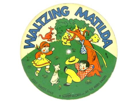 A colour illustration of a cardboard record with the words Waltzing Matilda written across the top. Features an illustration of a girl, a boy, a kangaroo, a dog and a tree.