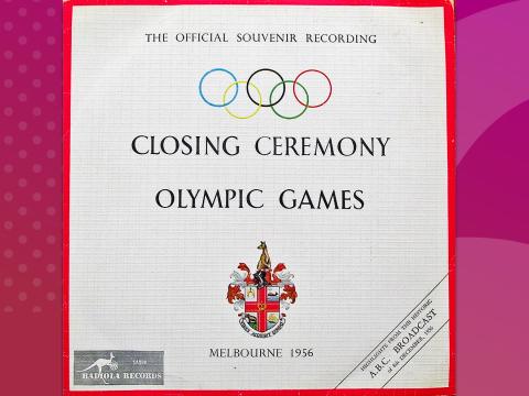 LP record cover showing the Olympic rings logo. The title is "The Official Souvenir Recording Closing Ceremony Olympic Games, Melbourne 1956"