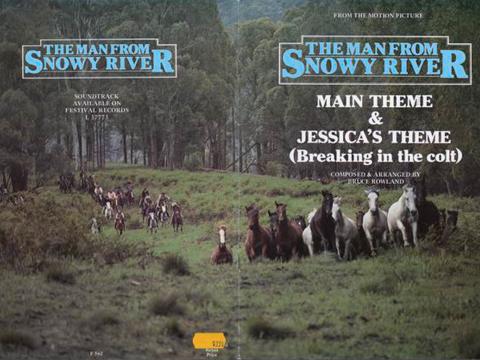Cover of sheet music for a film - The Man From Snowy River - with a lot of horses running through forest and bushland