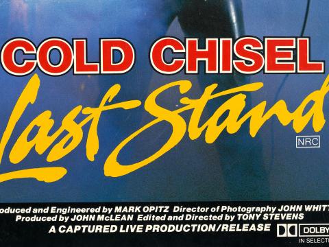 'Cold Chisel' written in red and white block letters and 'Last Stand' written in a messy script font in bright yellow, against a blue background.