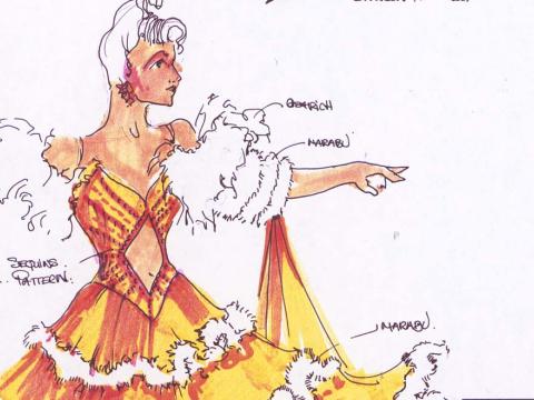 Detail of costume sketch for yellow ballroom gown from the film Strictly Ballroom
