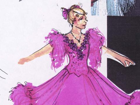 Costume sketch detail of pink ballroom gown featured in the film Strictly Ballroom