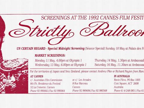 Invitation card with details of the Strictly Ballroom screenings at the 1992 Cannes Film Festival