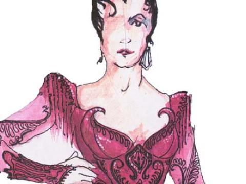 Detail of sketch of costume worn by Tara Morice in the film Strictly Ballroom