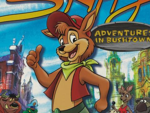 Poster with cartoon image of Skippy and text. 'Adventures in Bushtown'.