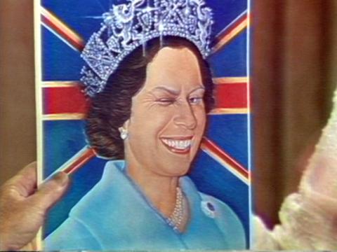 An cartoon illustration of Queen Elizabeth II winking with a union jack in the background.