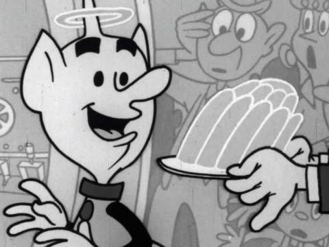 A cartoon alien is handed a plate of quivering Aeroplane Jelly to eat