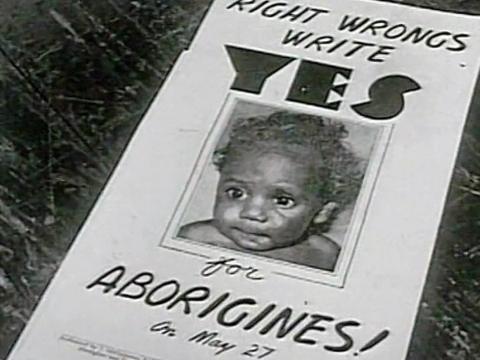 Image of a poster with an Aboriginal child on it which reads 'Right wrongs write YES for Aborigines'