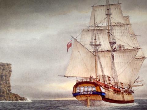 A painting of one of the tall ships 'Sirius' in the Harbour