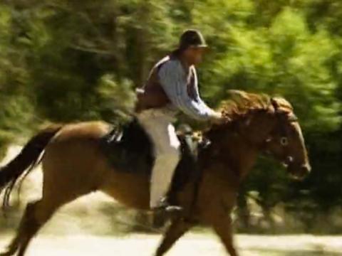 A man on horseback racing through the countryside